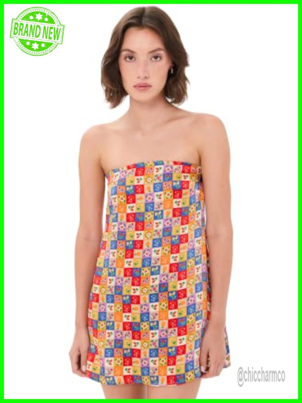 Satin Mini Dress Strapless A-Line Cutout Back Patchwork Print